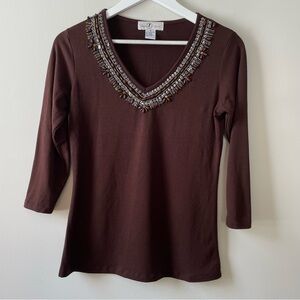 Once Again Vintage Beaded Brown V-Neck Top
